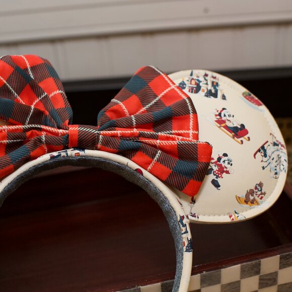 Disney Parks Holiday Mickey Minnie Ears – Plaid Bow & Vintage Winter Print
